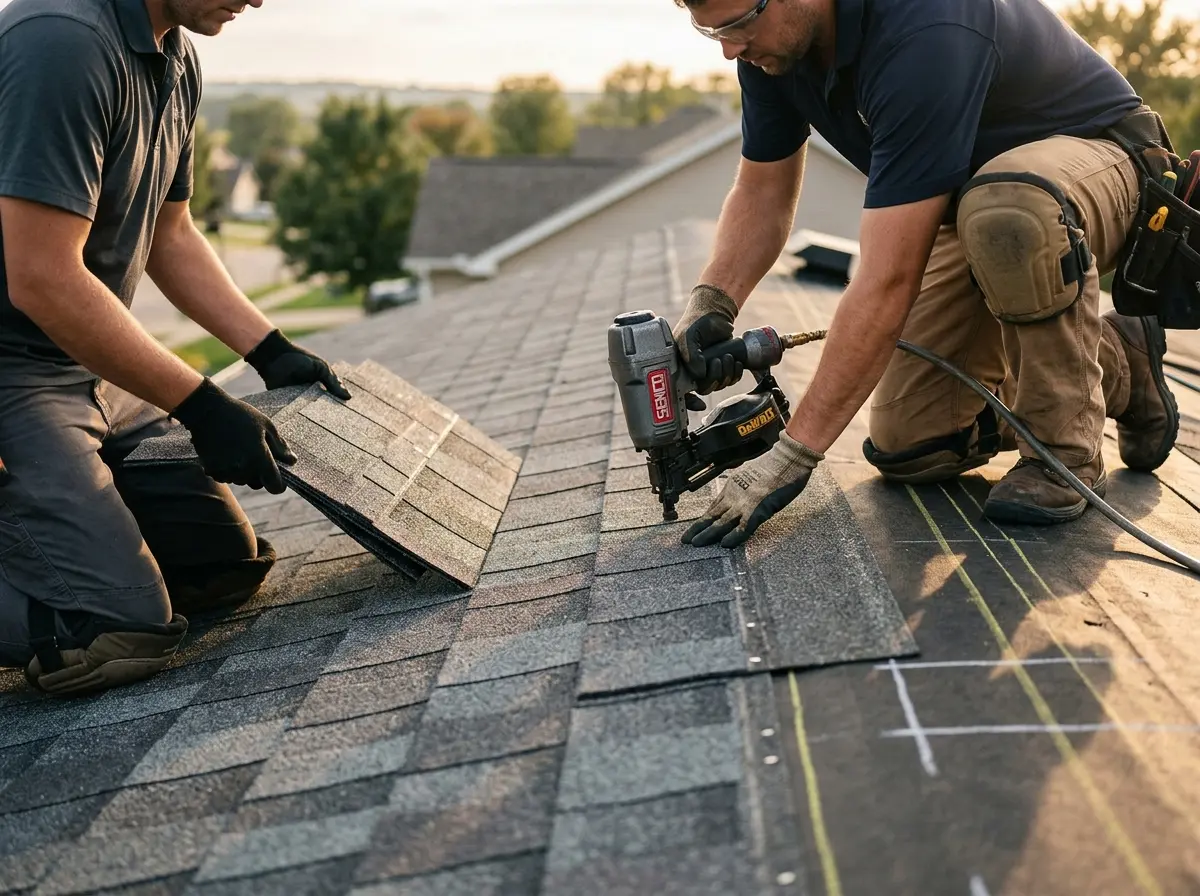 Professional roofer working on a residential roof in Kingsford